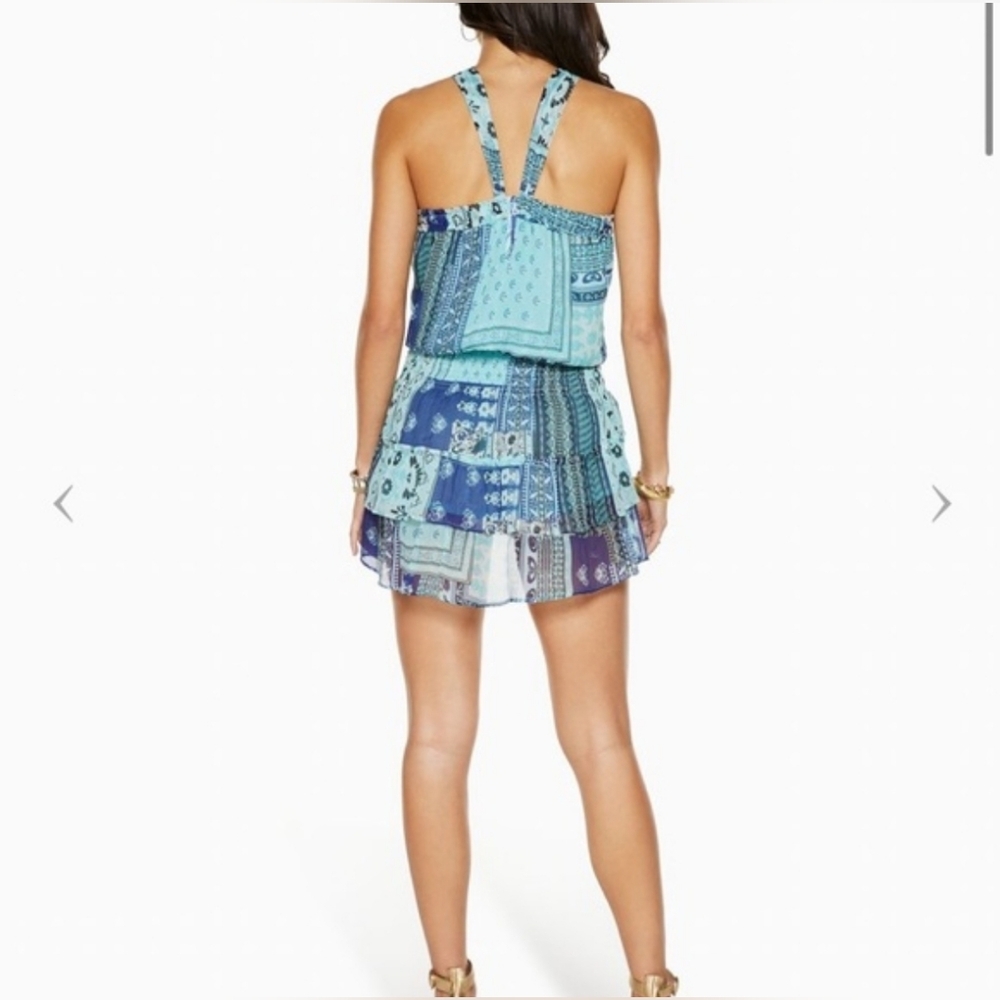 Blue Patchwork Halter Smocked Ruffled Mini Dress - image 2
